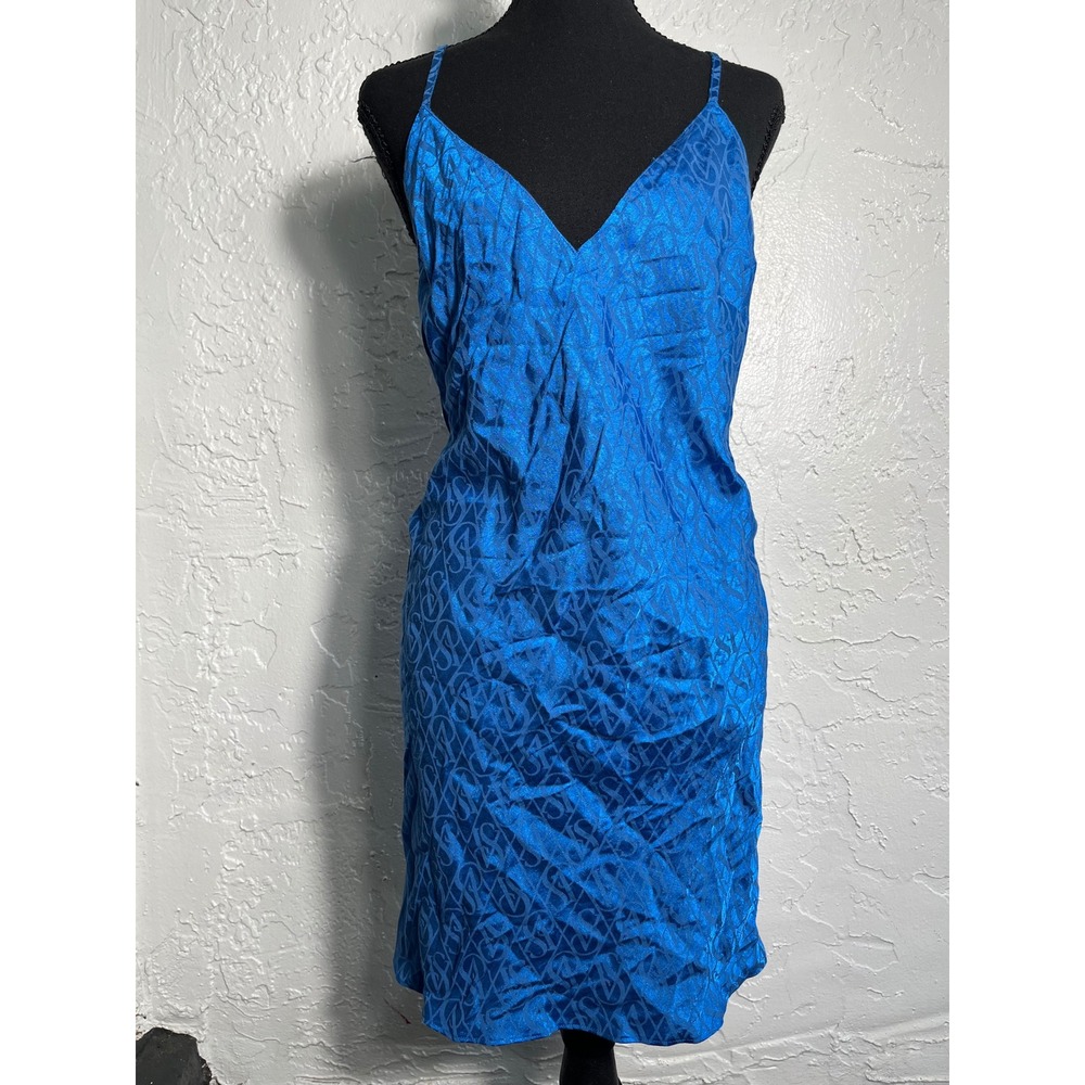 Victoria's Secret Blue Satin Monogram Slip Dress XL Cowl Drape Y2K Lingerie